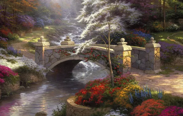 Bridge, nature, river, painting, the bridge, nature, bridge, Thomas Kinkade