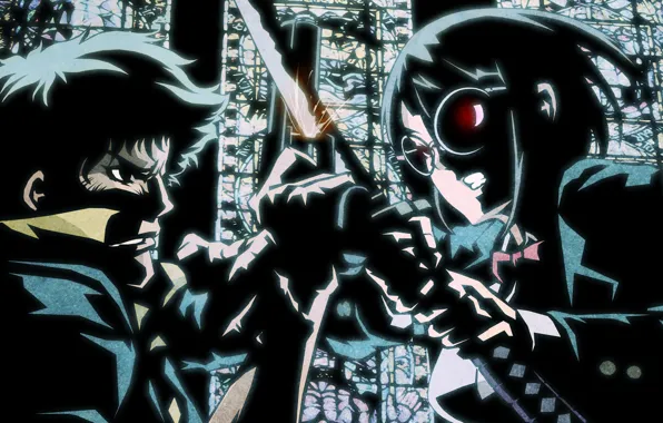 Picture gun, katana, battle, window, rage, glasses, stained glass, cowboy bebop