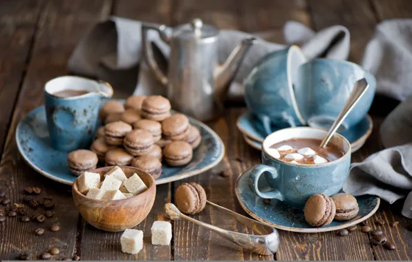 Picture kettle, mugs, still life, hot chocolate, pasta, marshmallows, coffee beans