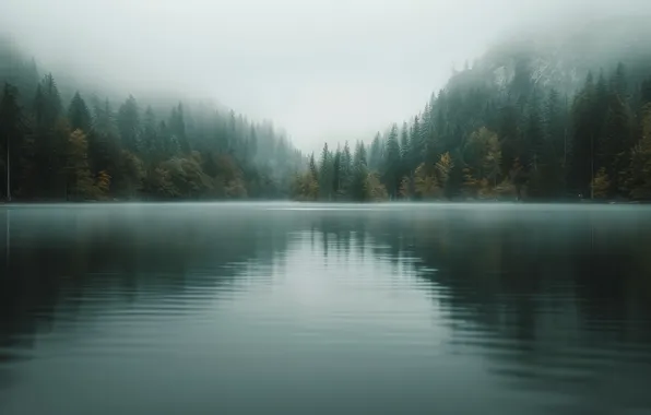 Autumn, forest, landscape, mountains, nature, fog, lake, reflection