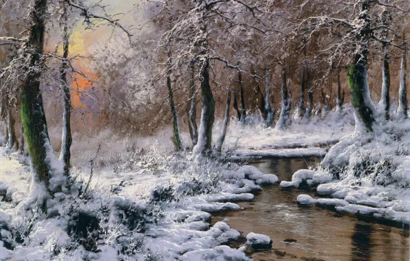 Picture Winter, The evening, Trees, Snow, Stream, Picture, Laszlo Neogrady, Laszlo Nogradi