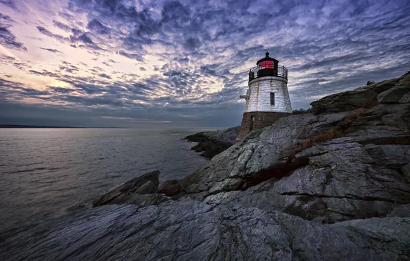 Sea, the sky, clouds, stones, rocks, shore, lighthouse, twilight
