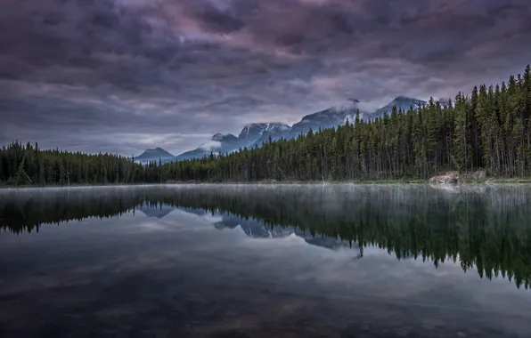 The sky, clouds, trees, mountains, lake, reflection, the evening