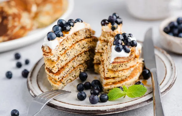 Berries, blueberries, plate, cake, layers, pancakes, pancake