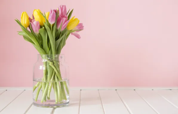 Table, spring, tulips, vase, pink background, yellow tulips, pink tulips