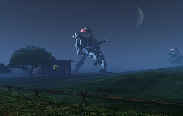 Night, house, planet, robots, The Farmer