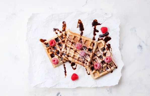 Raspberry, waffles, cakes, syrup, powdered sugar