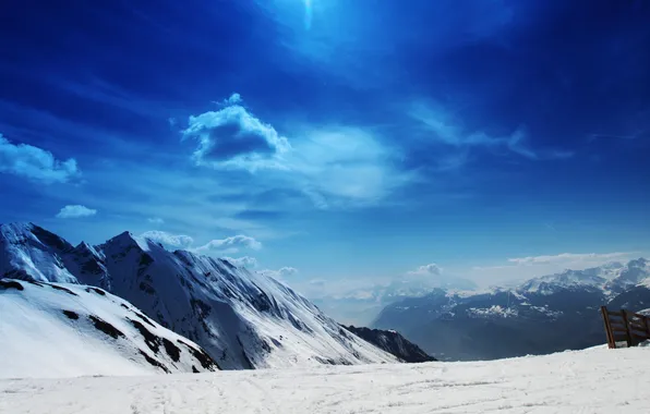 Picture winter, the sky, the sun, snow, slope, bright, highlands, white