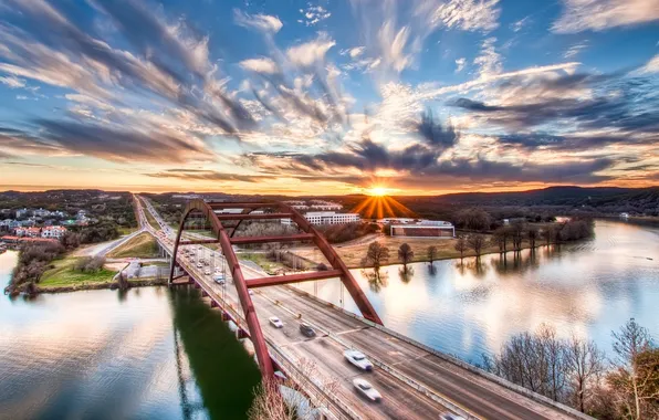 Picture the sky, the sun, clouds, sunset, machine, bridge, the city, river