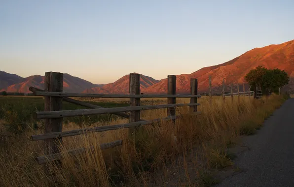 Picture road, grass, mountains, photo, mood, dawn, landscapes, fences