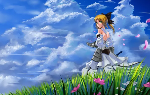 The sky, grass, Wallpaper, anime, blonde, girl, fate stay night, saber lily