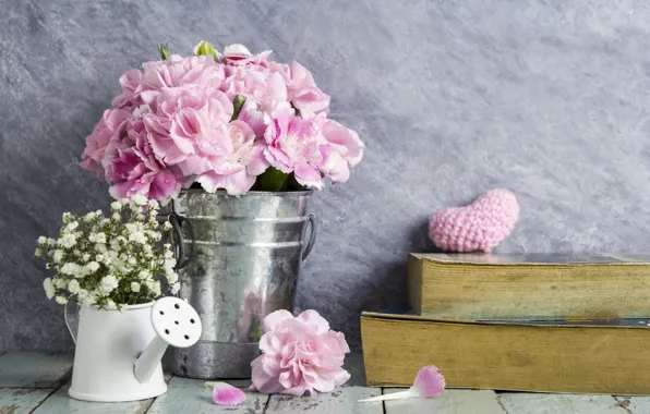 Love, flowers, heart, petals, bucket, love, pink, vintage