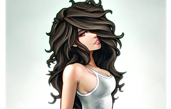 Chest, eyes, look, girl, hair, brunette, art, t-shirt