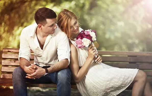 Look, girl, happiness, bench, bouquet, male, lovers