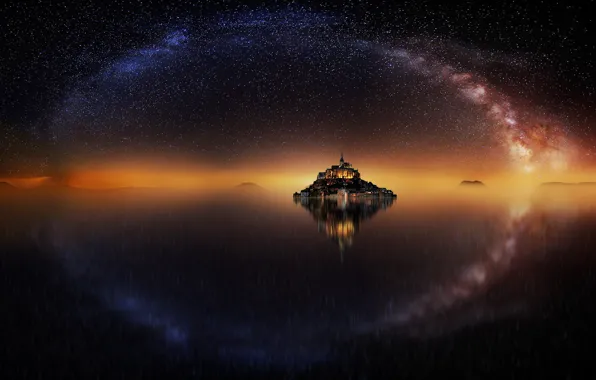 The sky, water, stars, reflection, night, France, island, fortress