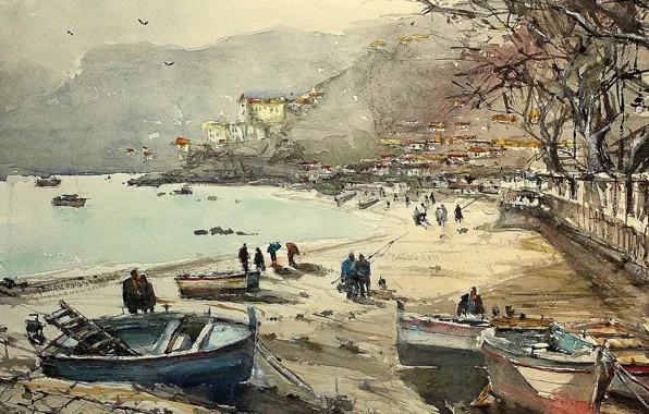 Sea, landscape, mountains, boat, picture, Bay, watercolor, promenade