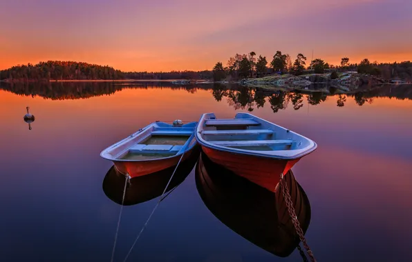 Picture forest, trees, sunset, river, boats, the evening, Sweden