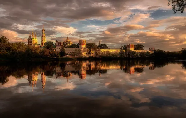Clouds, light, sunset, reflection, shore, the evening, Church, Moscow
