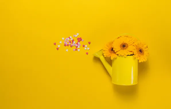 Flowers, bouquet, yellow, hearts, lake, gerbera, Valeria Maksakova