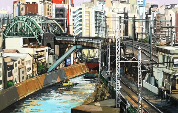 Bridge, the city, river, railroad, Tokyo, art, Shitub52