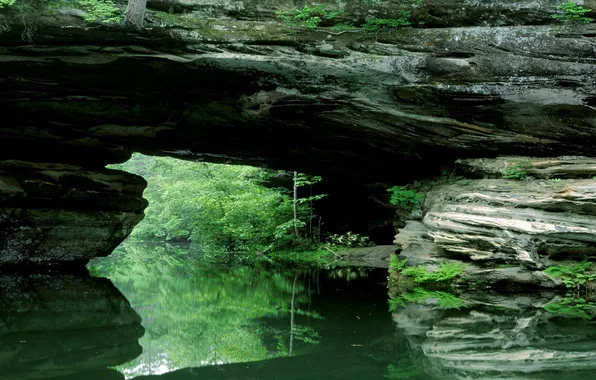 Greens, bridge, reflection, river, stone, natural