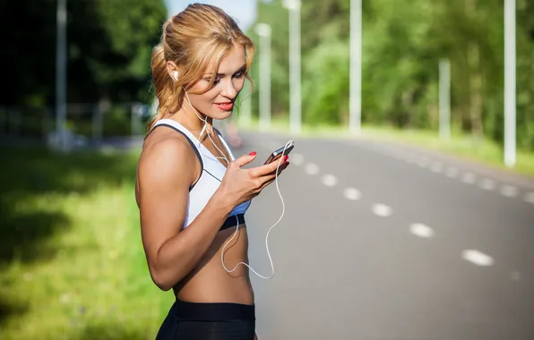 Asphalt, girl, makeup, headphones, figure, phone, on the street, The road background