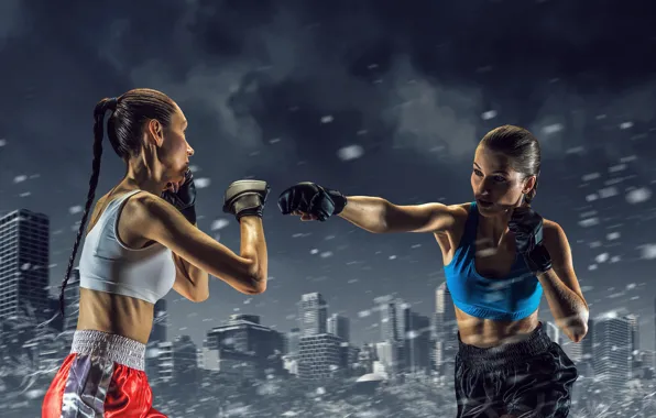 Picture snow, the city, rendering, background, girls, sport, shorts, Boxing