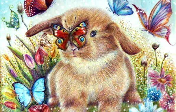 Butterfly, flowers, figure, rabbit, rabbit, butterfly, drawing