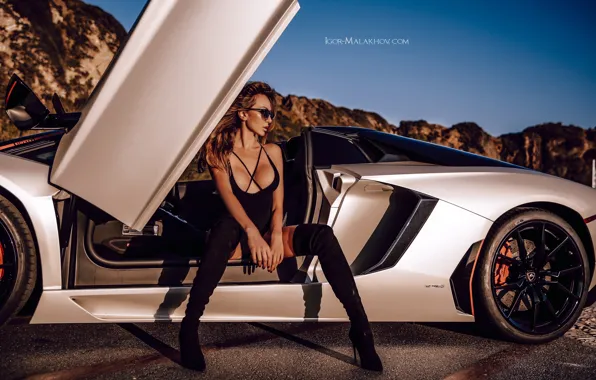 Machine, auto, chest, girl, pose, feet, boots, Lamborghini