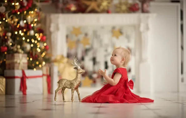 Picture joy, holiday, toy, new year, deer, girl, gifts, tree