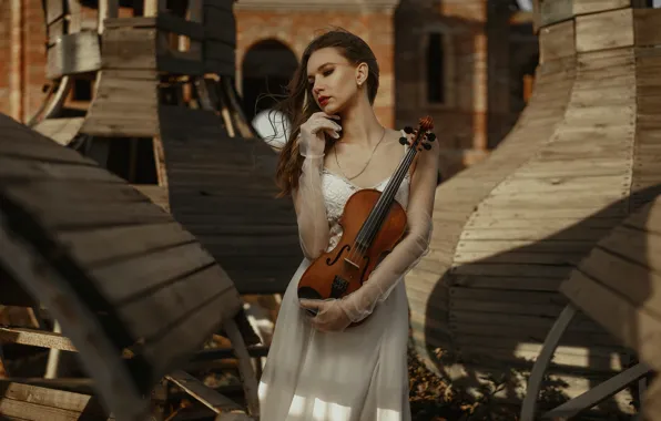 Girl, pose, style, mood, violin, gloves, wedding dress, Ivan Kovalev