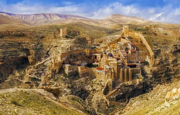Mountains, tower, home, fortress, Palestine, Lavra Of St. Sabbas The Sanctified