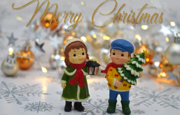 Balls, snowflakes, children, holiday, the inscription, toys, doll, Christmas