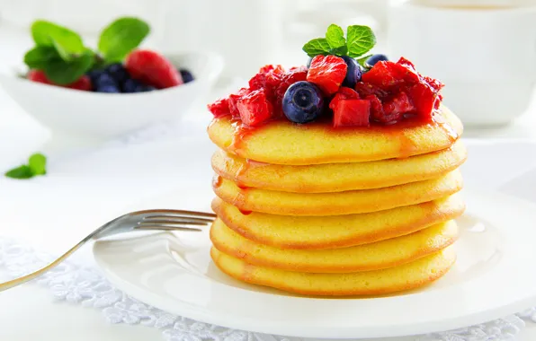 Berries, food, blueberries, strawberry, pancakes, jam, pancakes, pancakes