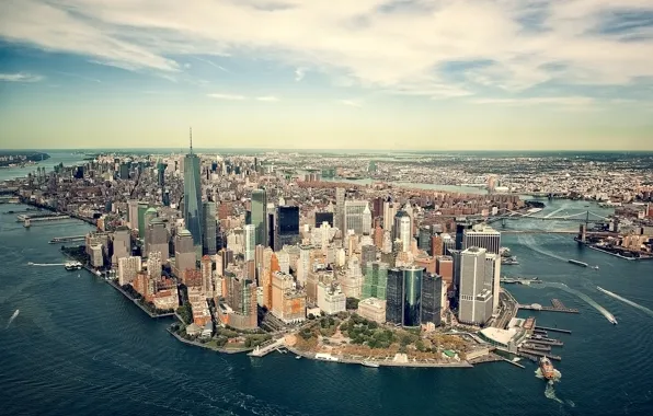 Sea, coast, New York, panorama, Bay, USA, Manhattan, megapolis