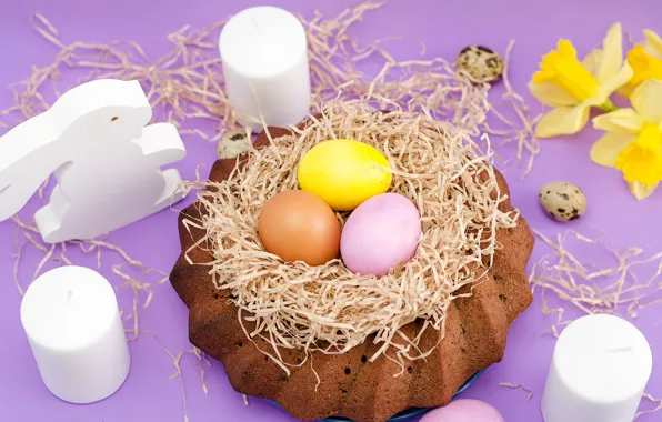 Flowers, holiday, eggs, spring, candles, Easter, cake, daffodils