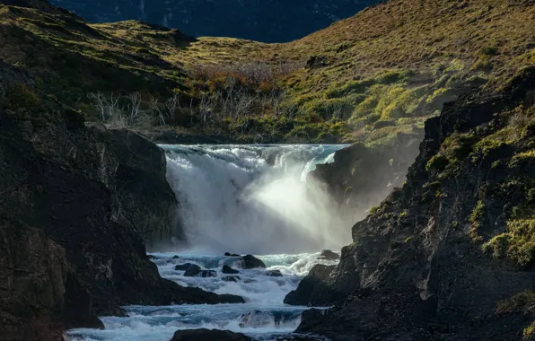 Light, stones, rocks, shore, waterfall, stream, slope, couples
