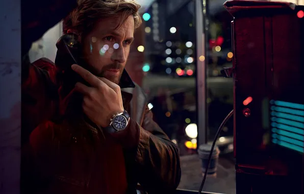 Look, glass, the city, pose, watch, actor, phone booth, TAG HEUER