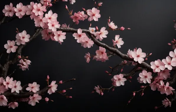 Picture pink, flowers, sakura, dark background, AI art