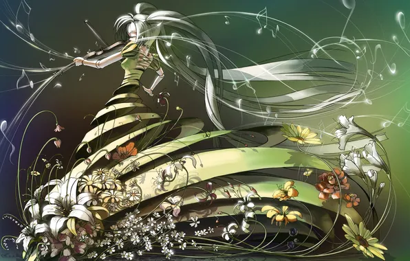 Picture girl, flowers, notes, violin, anime, dress, art, ost02