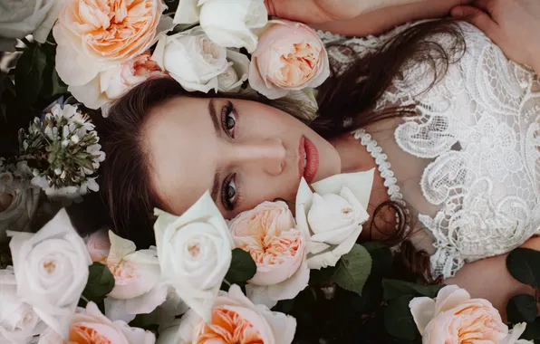 Eyes, look, girl, flowers, face, hair, lips