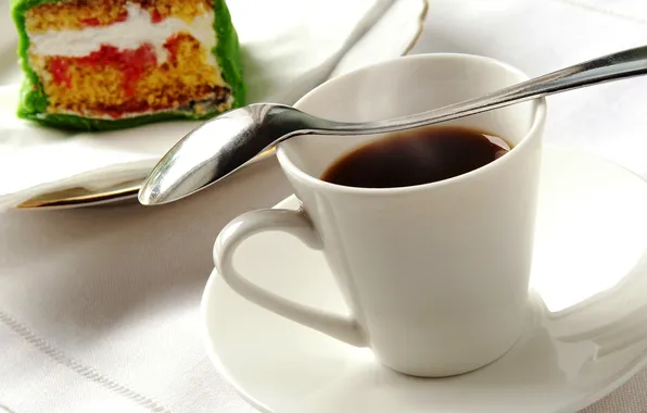 Picture coffee, plate, spoon, Cup, white, cake, dessert, sweet