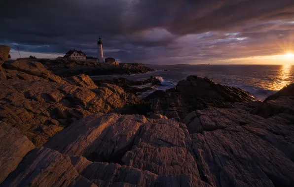 Sea, the sun, clouds, rocks, lighthouse, morning, Portland, USA