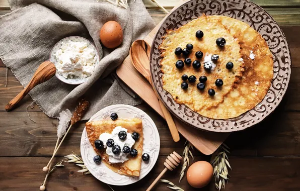 Berries, table, Board, eggs, towel, blueberries, plates, ears