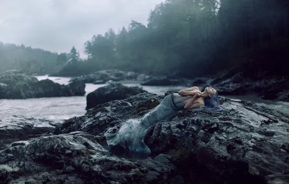 Forest, girl, nature, pose, fog, stones, shore, mermaid