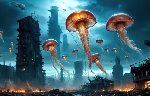 People, fire, war, jellyfish, aliens, the ruins of the city, destroyed buildings, mind control