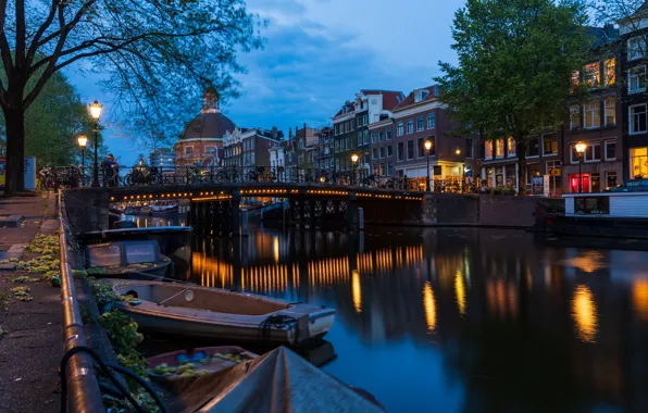 Picture the city, home, boats, the evening, lighting, Amsterdam, lights, channel