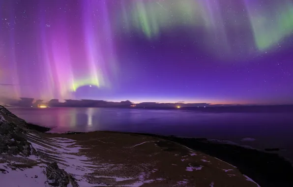 Sea, stars, night, lights, shore, Northern lights, Iceland