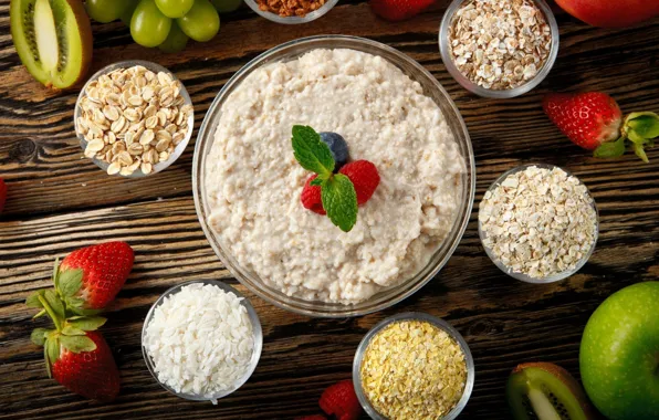 Apple, strawberry, porridge, cereals