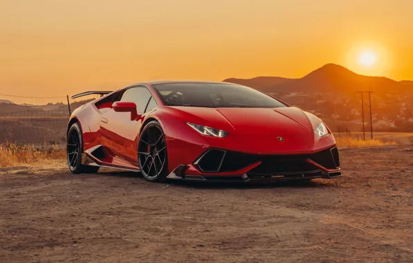 Wallpaper the sun, mountains, dawn, Lamborghini, red, Huracan ...